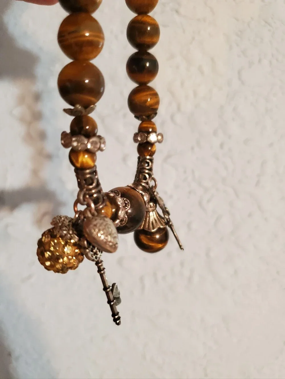 Womens Faux Tiger's Eye Stretchy Beaded Charm Bracelet‎ Brown & Gold